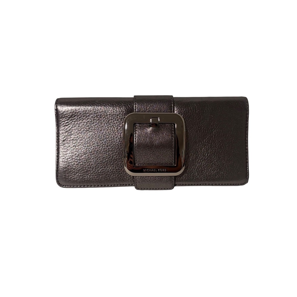 Michael Kors Metallic Pewter Pebbled Leather Buckle Clutch Bag Gunmetal Hardware